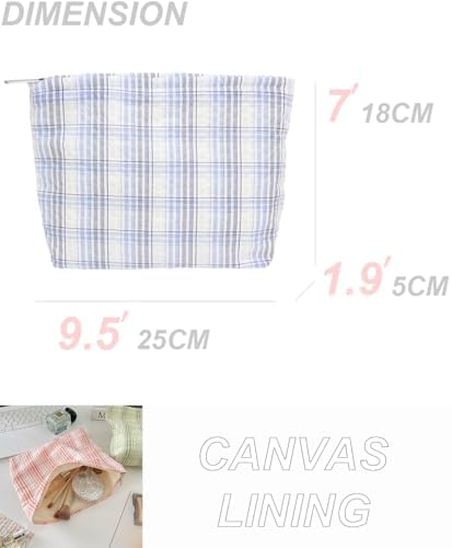 Flat Makeup Bag for Women, Zipper Cosmetic Pouch for Purse, Plaid Sky Blue - Image 4