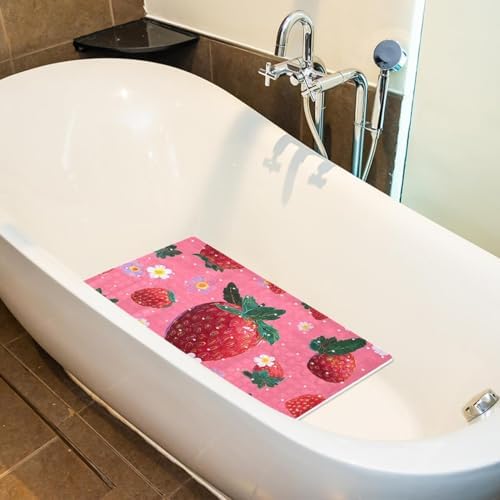Bathtub Mat Non Slip 26.8x15.1 Inch, Strawberries Daisies Shower Mat - Image 4