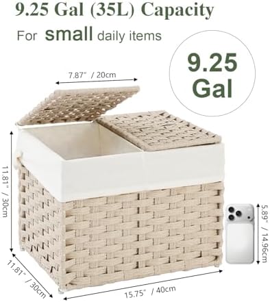 SETVSON Storage Basket with Lid, 2-Lid PE Rattan Storage Bin, Light Khaki - Image 2