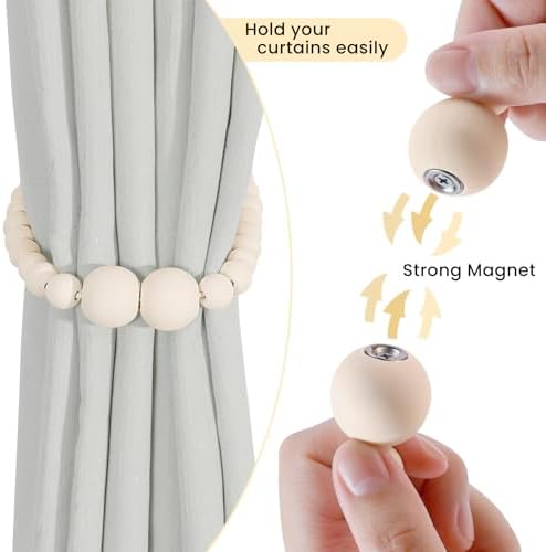 KLOGTSIND Magnetic Curtain Tiebacks, 4 Pack Wood Bead Curtain Holdbacks - Image 2