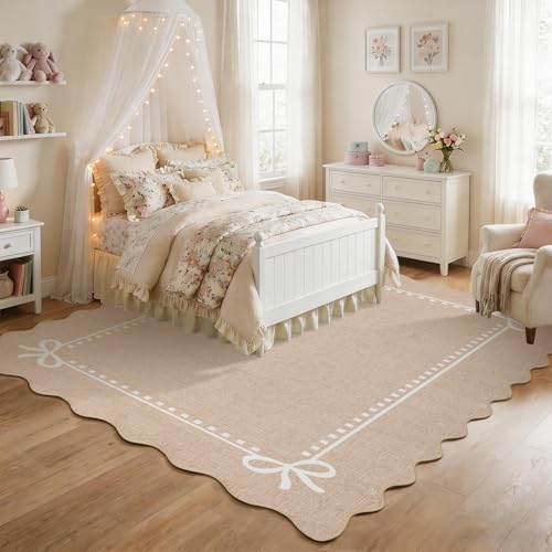 Garvee Scalloped Bow Rug Camel Washable Solid 4x6 Area Rugs - Image 2