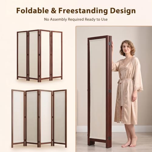 Wood Room Divider Panel with Linen Fabric, Boho Folding Privacy Screen 67" - Image 7