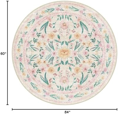 Pink Floral Round Rug 6ft, Washable Boho Circle Area Rug - Image 2