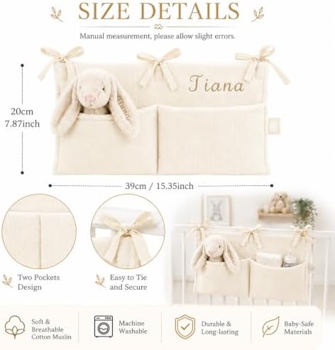 Personalized Hanging Crib Organizer Cotton Muslin Diaper Caddy - Image 7