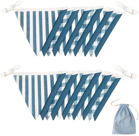 2 Sets Blue Pennant Banner Flags 24Pcs Blue Plaid Striped Garland Linen Fabric - Image 3