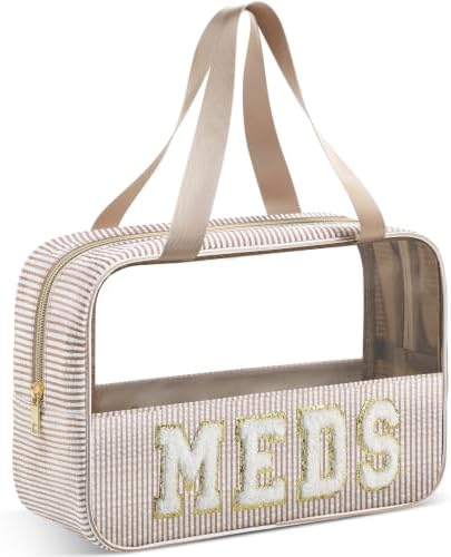 Sanwuta Seersucker Meds Bag Chenille Letter Clear Makeup Bag by Sanwuta