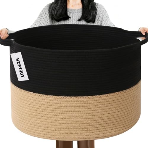 65L Large Blanket Basket, Woven Laundry Basket-Black&Camel by HZFTJOY