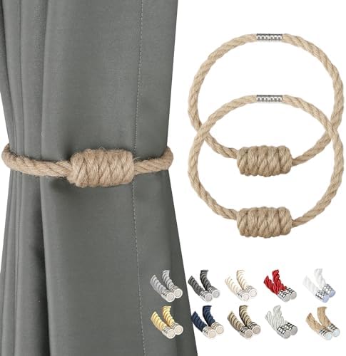 BEL AVENIR Magnetic Jute Curtain Tiebacks 2 Pack Hand-Woven Curtain Ties by BELAVENIR