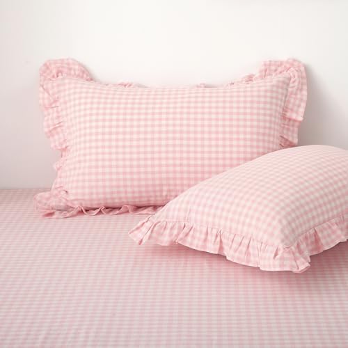 2 Pack Blush White Gingham Ruffle Standard Pillow Shams 20"x26" by KMASANIJI