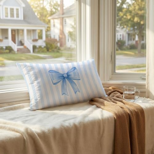 Coquette Blue Bow Pillow Covers 12x20, Coquette Room Decor, Preppy Blue Striped - Image 4