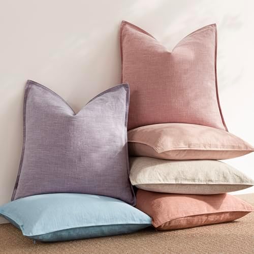Foindtower Linen Solid Decorative Throw Pillow Covers 24x24 Inch Rose Pink - Image 6