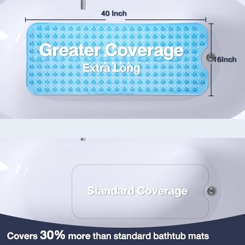 Extra Long Bathtub Mat Non Slip Bath Mat Clear Blue 40"x16" Full - Image 2