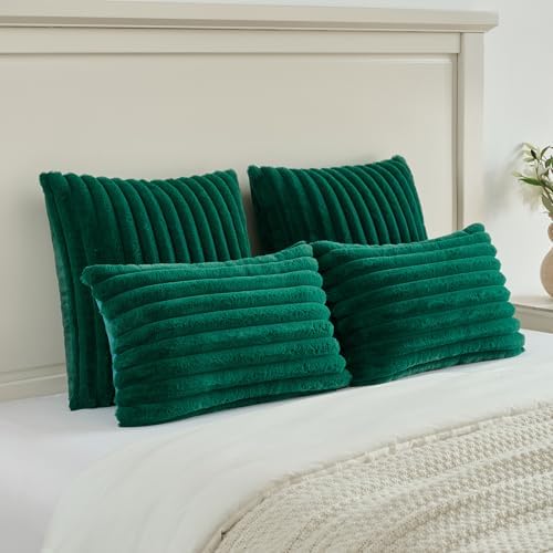 FUTEI Pack of 2 Faux Fur Throw Pillow Covers 26x26 Inch, Emerald Green - Image 5