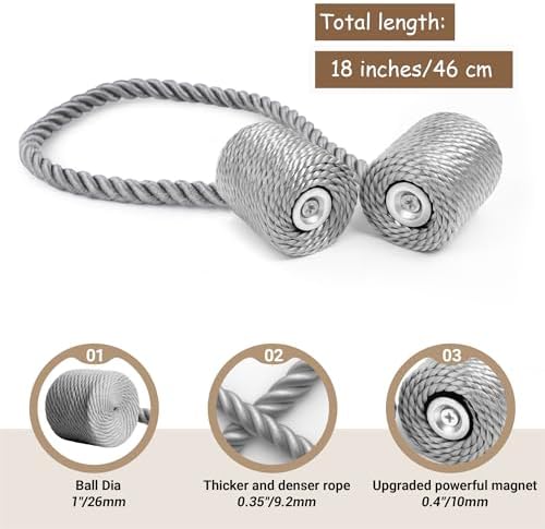 Hion Magnetic Curtain Tiebacks Grey 4pcs, Curtain Holdbacks Hooks Holders - Image 2