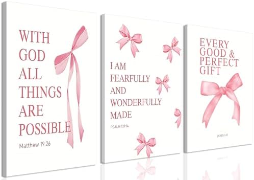 Coquette Pink Bow Canvas Wall Art Set of 3, Inspirational Bible Verses Decor by JBZDD