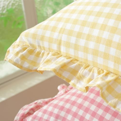 Set of 2 Yellow and White Ruffled Plaid Pillow Covers 18x18 Inch, Checkered - Image 4