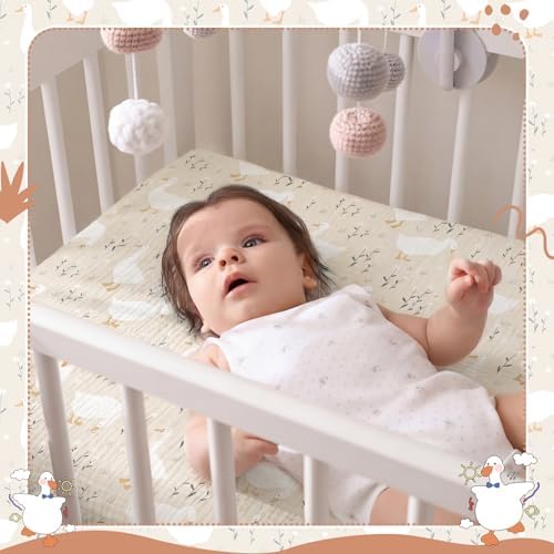 Breling 2 Pcs Muslin Silly Goose and Khaki Gingham Crib Sheets - Image 5