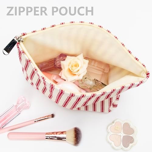 Flat Makeup Bag for Women, Zipper Cosmetic Pouch Purse, Vintage Stripe Red - Image 2