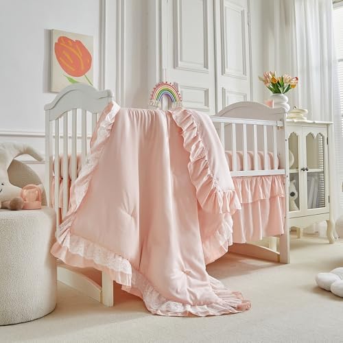 Ruffled Crib Bedding Set Floral Design 3 Pieces Baby Boho Quilted Comforter - Image 2