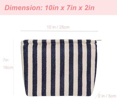 Flat Makeup Bag for Women, Zipper Cosmetic Pouch for Purse, Stripe Navy Blue - Image 4