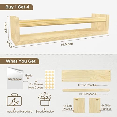 Forbena Natural Wood Nursery Book Shelves Wall Mounted, Floating Bookshelf - Image 3