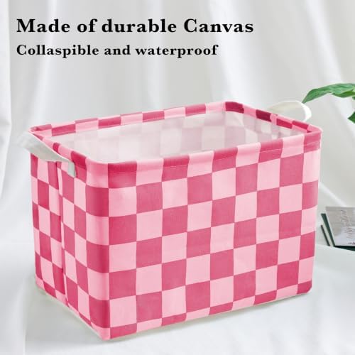 Hot Pink Coral Checkered Canvas Basket, Rectangular Organizing Decorative - Image 5