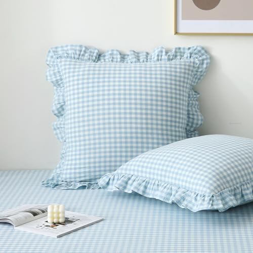 2 Pack Light Blue Gingham Ruffle Throw Pillow Covers 22''x22'' by KMASANIJI