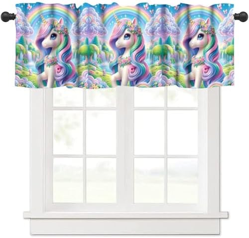 Cartoon Unicorn Valances Curtains Colorful Flowers Dreamy Rainbow Window by Unknown