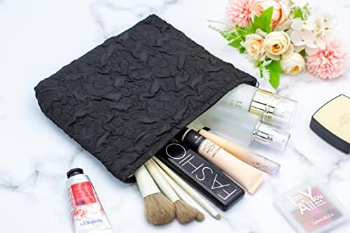 Flat Makeup Bag for Women, Zipper Cosmetic Pouch for Purse, Flower Black - Image 5