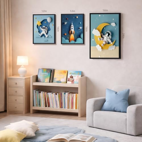 PORENY Astronaut Nursery Wall Art Set of 3, Rocket Moon Planet Canvas Prints - Image 4
