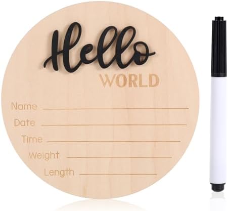 Newborn Announcement Sign with Pen, 5.9in Wooden Hello World Baby Welcome Sign by NQEUEPN
