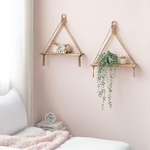 Mkono Macrame Hanging Shelves Boho Wall Decor Set of 2 Floating Wood Shelf - Image 2