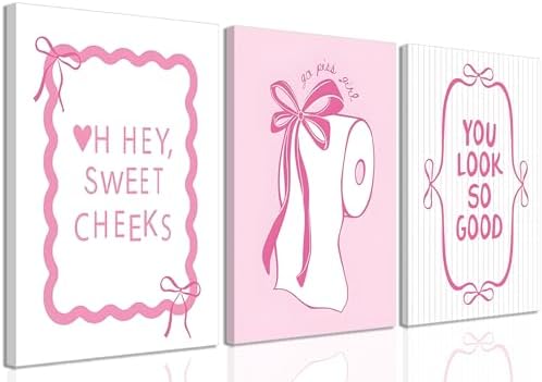 JBZDD 3Pcs Pink Bow Bathroom Canvas Wall Art Bowknot Coquette Posters Prints by JBZDD