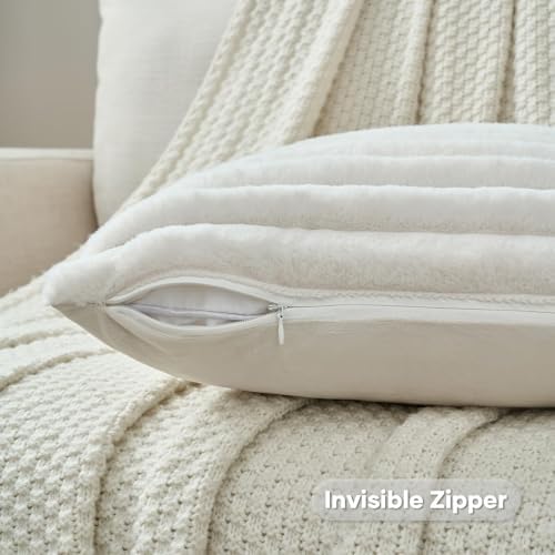 FUTEI Pack of 2 Faux Fur Throw Pillow Covers 28x28 Inch, Cream White - Image 3