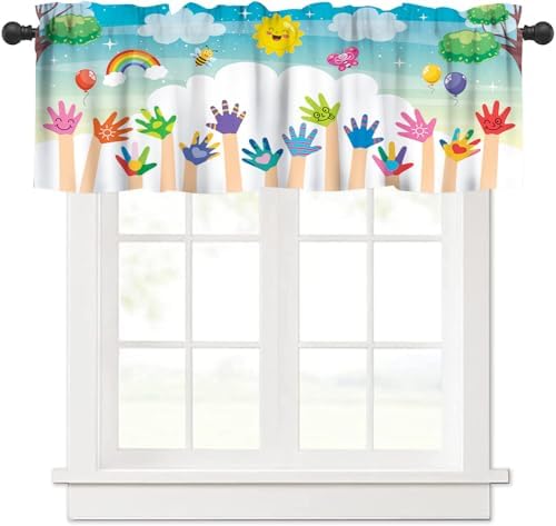 Kids Valance Curtain Colorful Rainbow Sun Puzzle Paint Handprint Bee Sun by AAVEUP