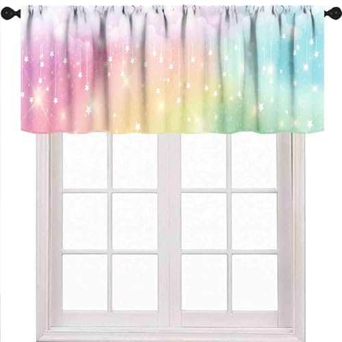 Rainbow Kids Curtains Valance, Boho Pastel Cartoon Cute Colorful Sky Clouds by Unknown