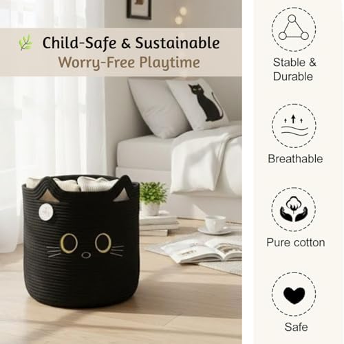 Nursery Storage Basket, 25L Large Woven Cotton Rope Baby Bin, Cutout Handles - Image 3