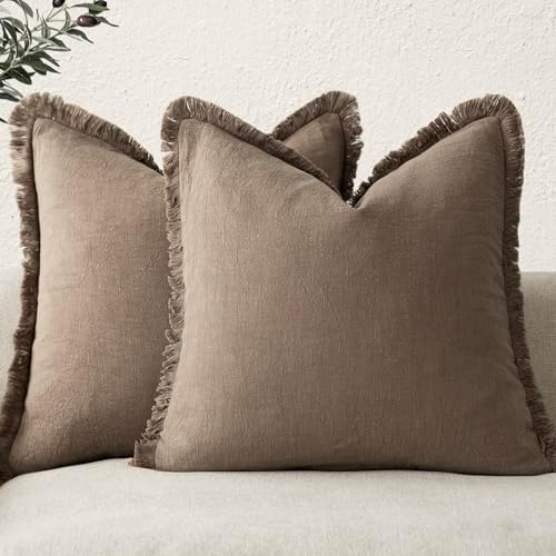 Foindtower Decorative Linen Fringe Throw Pillow Covers 26×26 Light Brown by Foindtower