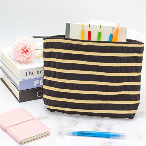 Flat Makeup Bag for Women, Zipper Cosmetic Pouch for Purse, Stripe Black - Image 2