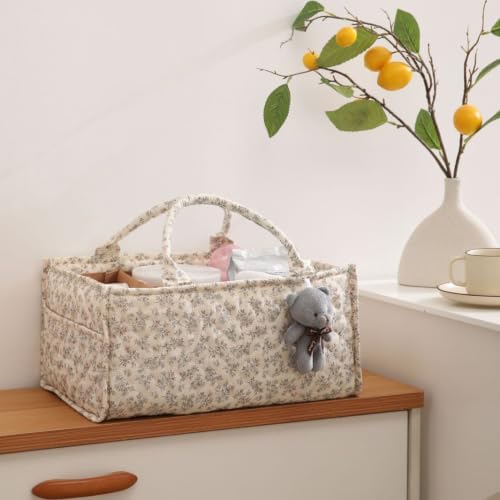 Quilted Fabric Storage Basket Floral Baby Diaper Caddy Quilted Basket Organizer - Image 2