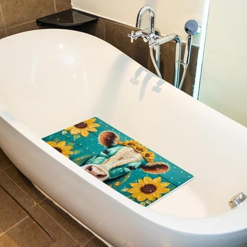 Shower Mat Non Slip, Cow Sunflower on Teal Plank Anti Slip Bath Mat - Image 5