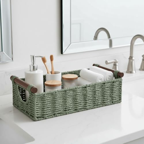 CubesLand Small Wicker Toilet Basket Tray Organizer W/Cut Out Handle - Image 5