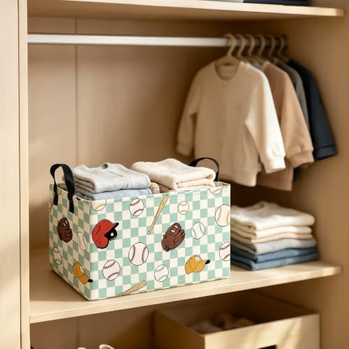 Rectangular Collapsible Storage Basket Toy Organizer Green Grid Baseball - Image 7