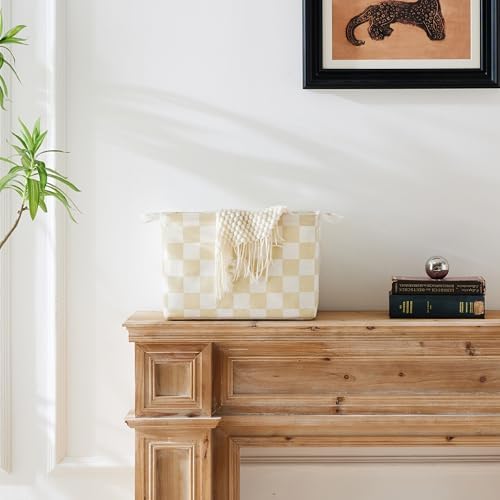 Ohocut Beige White Checkered Canvas Basket, Rectangular Organizing Decorative - Image 2