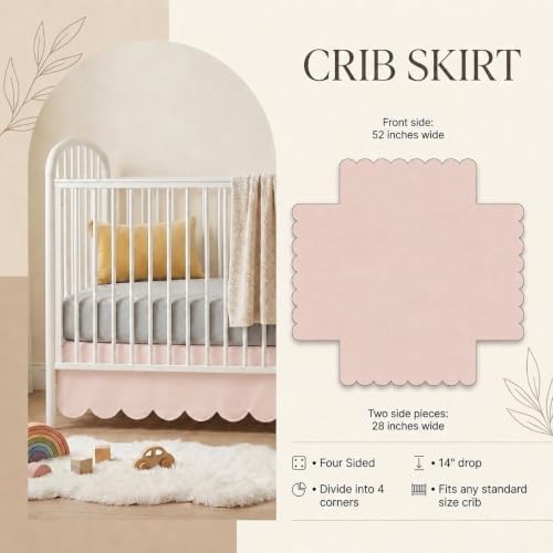 28 x 52 Inch Pink Crib Skirt 14 Inch Drop, Scalloped Crib Bed Skirt - Image 2