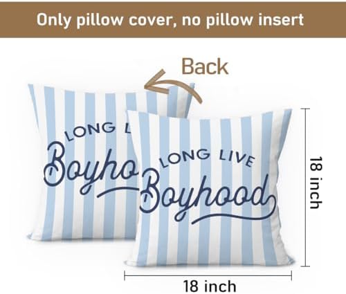 Boys Room Decor Pillow Covers 18x18, Long Live Boyhood Blue Striped Decorative - Image 7