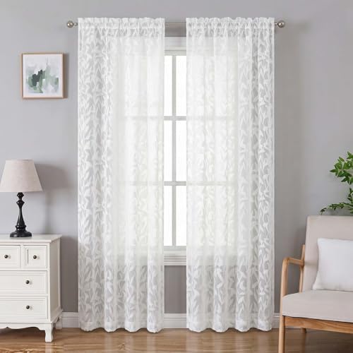 Lecloud Leia White Sheer Curtains 84 Inches Long 2 Panels, Semi Sheer Jacquard by Lecloud