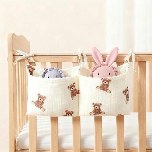 Baby Bedside Hanging Storage Bag Muslin Cotton Teddy Bear, Crib Diaper Caddy by DEZIGKA