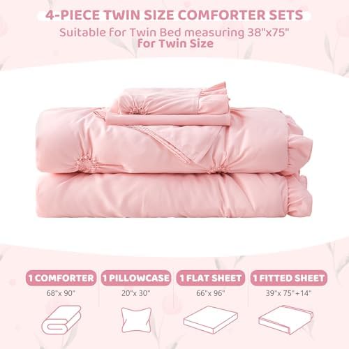 Twin Comforter Set for Girls, Boho Pintuck Bedding Comforter Sets, 4 Pieces - Image 5