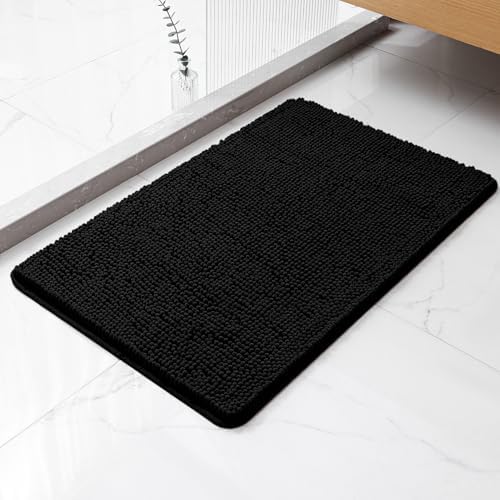 Chenille Bathroom Rug 20"x32" Black, Non-Slip Plush Bath Mat by Kildoss